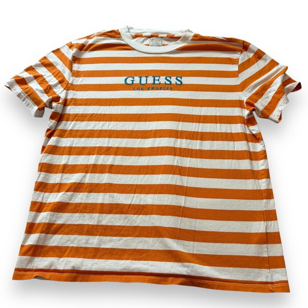 Guess Los Angeles Men's Striped T-Shirt Orange White Embroidered‎ Logo Sz Medium